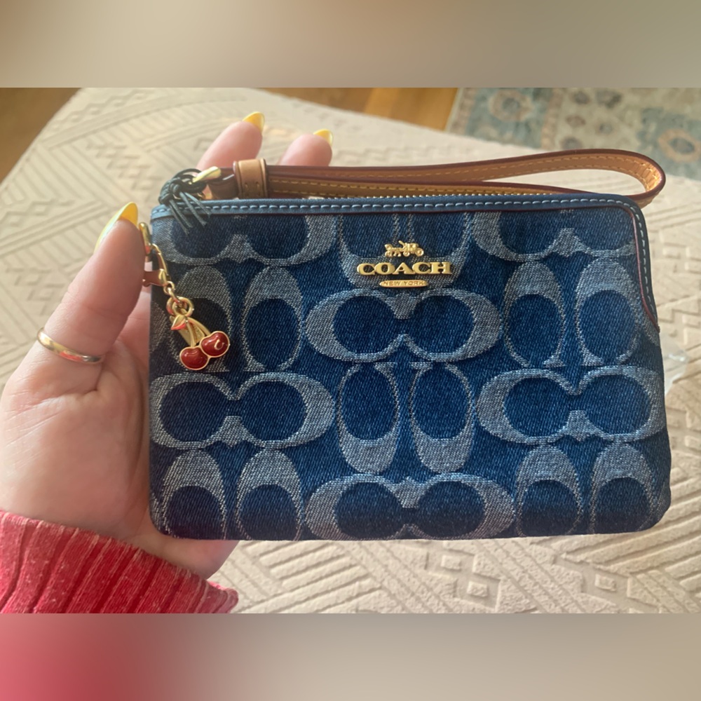 Coach Cherry Denim Corner Zip Wristlet